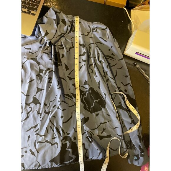 Vintage 90s Mark Stuart Blue Black High Neck Long Sleeve Blouse - Picture 13 of 14